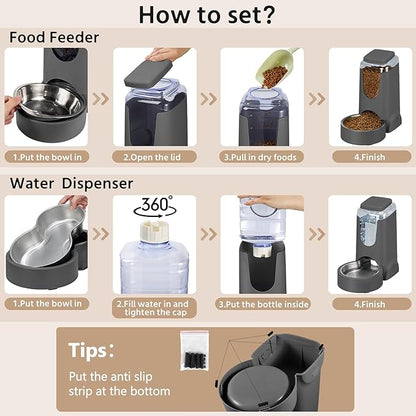 2 Pack Automatic Cat Feeder and Stainless Steel Water Dispenser, Gravity Dog Waterer Set Food Feeder and Waterer Set for Small Medium Kitten Puppy Pets(1 Gallon x 2, Charcoal Gray)