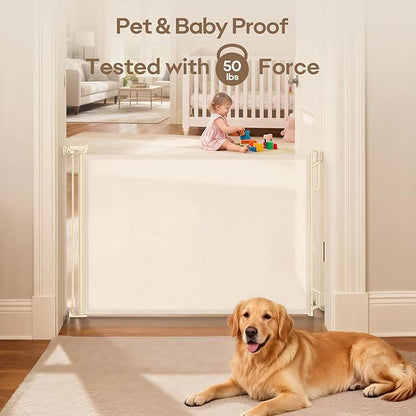 SPACEANY Retractable Safety Baby Gate or Mesh Dog Gate,Durable Portable Mesh Retractable Gate,Easy to Use for Stairs, Doorways, Hallways, Indoor, Outdoor, 33.5" Tall, Up to 55" Wide, Cream