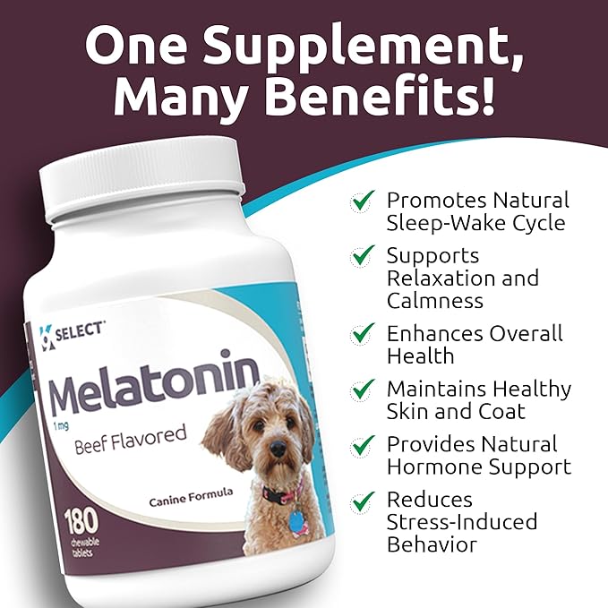 K9 Select Melatonin for Dogs - Calming Chews - Dog Melatonin for Sleep - Reduce Stress, Helps Overall Health Composure Calming Treats for Small Dogs - 1 mg, 180 Beef Flavored Chewable Tablets