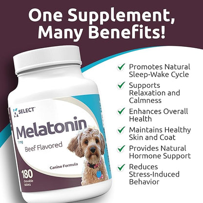 K9 Select Melatonin for Dogs - Calming Chews - Dog Melatonin for Sleep - Reduce Stress, Helps Overall Health Composure Calming Treats for Small Dogs - 1 mg, 180 Beef Flavored Chewable Tablets