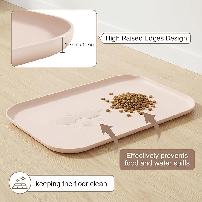 BLESWIN Non-Slip Silicone Dog Food Mat for Food and Water, 18" x 12" Raised Edge Pet Feeding Mat - Waterproof Dog Bowl Mat Easy Clean for Floor Protector,Beige