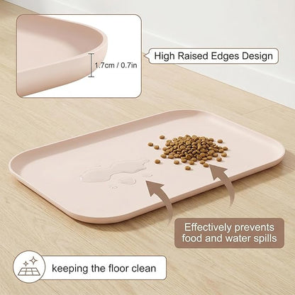 BLESWIN Non-Slip Silicone Dog Food Mat for Food and Water, 18" x 12" Raised Edge Pet Feeding Mat - Waterproof Dog Bowl Mat Easy Clean for Floor Protector,Beige