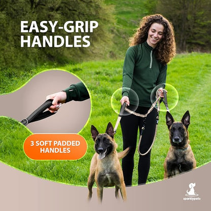 SparklyPets - Double Dog Bungee Rope Leash - Dual Dog Lead for Medium and Large Breeds - Padded Handles, No Tangle - Flow Leash, 2 Dogs Walking Accessory