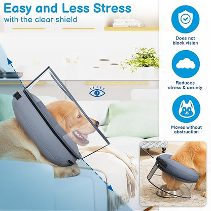 BARKLESS Donut Cone for Large Dogs, Protective Collar After Surgery to Stop Licking, Patented Blow up Dog Surgery Collar with Transparent Shield, Inflatable Pillow Cone for Labrador, Rottweiler