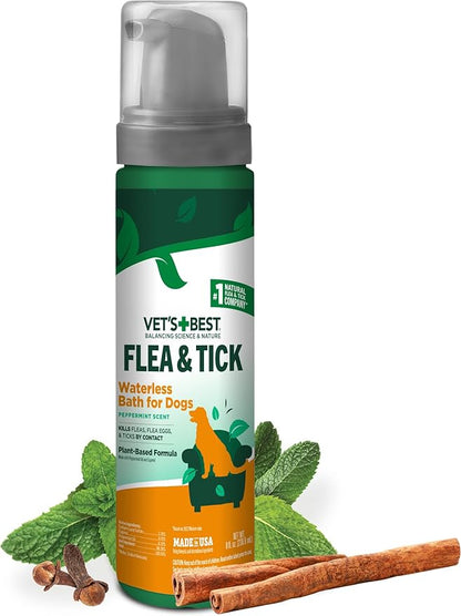 Vet's Best Natural Flea and Tick Waterless Bath for Dogs – No-Rinse Dry Foam Shampoo with Certified Essential Oils – Natural Flea Treatment with Plant-Based Ingredients – 8 oz Bottle – Made in USA
