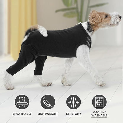 IDOMIK Dog Recovery Suit,Dog Leg Sleeve to Stop Licking Rear Legs,Thigh Wound Protective Sleeve,Male Female Pet Surgical Clothes,Doggy Surgical Suit with Pants Cover,Cone Collar Alternative,Black,S
