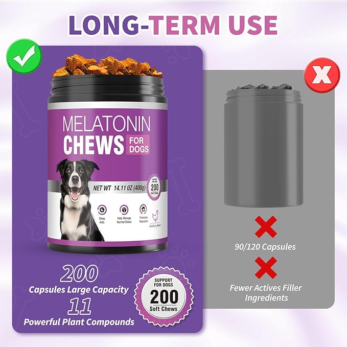 Calming Melatonin for Dogs, 200 Pet Chews Calming Treats for Sleep Aid Sleeping Pills Puppy Melatonin Bites Support Stress, Anxiety Relief, Separation for Small and Large Dogs(Chicken Flavor)