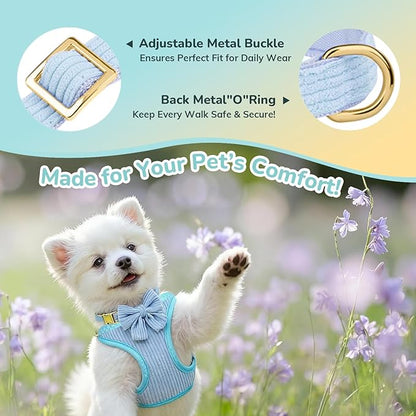 Small Dog Collar Harness and Leash Set, Dog Harness no Pull with Bowtie, Breathable Cotton Adjustable Pet Puppy Harness, Easy Walk Dog Harness, M(16-21")