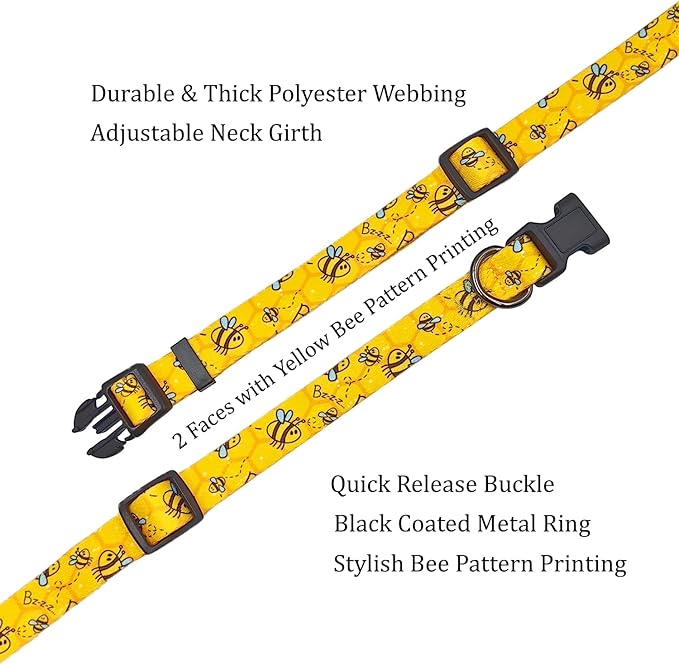 Dog Collar Leash Set, Busy Bee Pattern, 5ft Matching Leash, Polyester Material, 4 for Small Medium Large Dogs.(S, Bee)