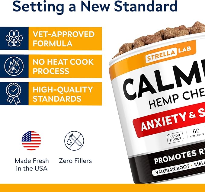 Advanced Calming Chews for Dogs - Hemp Chews and Melatonin - Anxiety Relief - Sleep Aid - Relaxing Treats - Stress Relief During Fireworks, Storms, Thunder, Barking - Made in USA - Bacon - 60ct