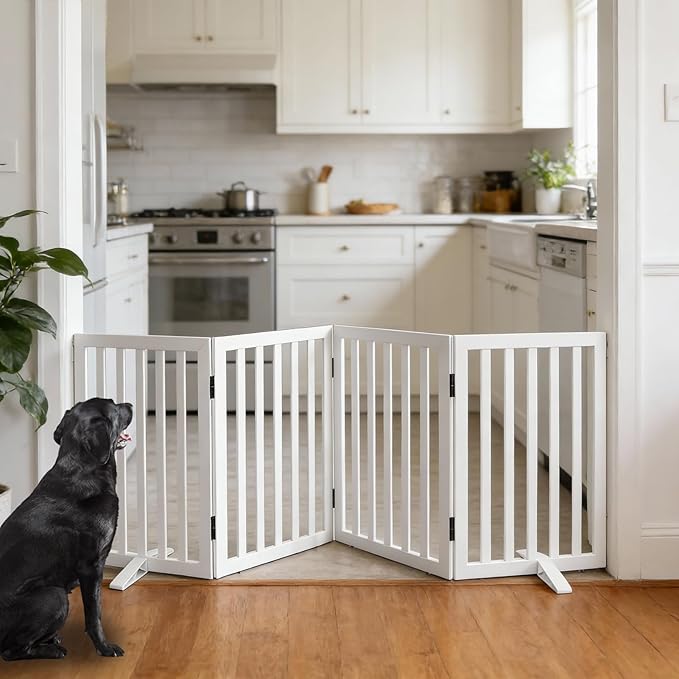 Dog Gate Indoor, Freestanding Dog Fence for The House, Doorways, Hallways,or Stairs,Pet Gate Foldable Wooden,Expandable 24" Height 4 Panels,White