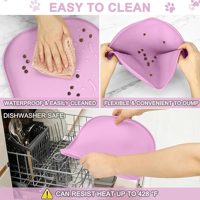 SMILOOL Small Silicone Pet Food Mat with Raised Edge for Food and Water Bowl, Square Dog Feeding Mats, Cat Food Trays for Floor Waterproof, Rubber Tray for Dogs and Cats, 12 x 12 x 0.7 Light Pink