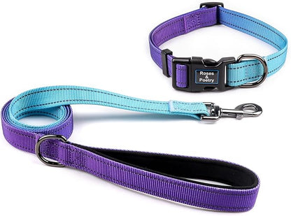 Roses&Poetry Reflective Small Dog Collar and Leash Set, Puppy Collars and Leashes with Gradient Violet, Adjustable Durable Nylon Soft Pet Leash and Collar for Girl and Boy Dogs （Violet-S