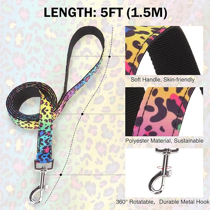 Dog Collar and Leash Set for Small Dogs, Adjustable Soft Puppy Collar with Quick Release Buckle, 5FT Heavy Duty Nylon Matching Leash for Boy Girl Chihuahua, Yorki, Bulldog, Leopard XS