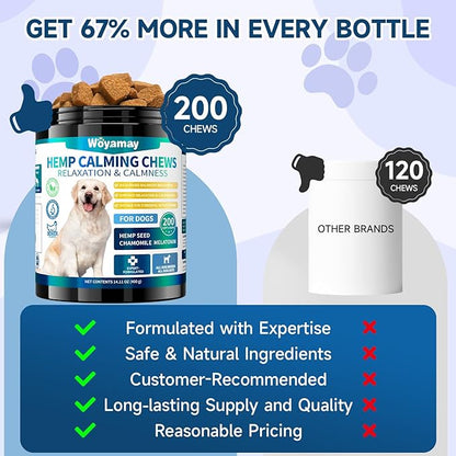 Woyamay Hemp Calming Chews for Dogs, 200 Treats Dog Calming Chews for Anxiety & Stress Relief, Anxiety Relief Treats for Dogs with Hemp Oil, Melatonin Dog Calm Treats for Stress|Sleep|Separation