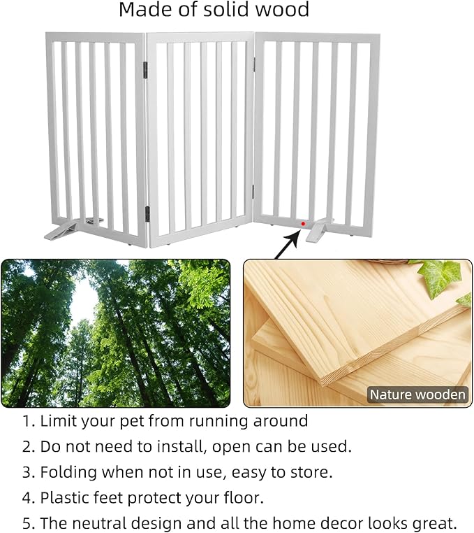 Dog Gate Indoor, Freestanding Dog Fence for The House, Doorways, Hallways,or Stairs,Pet Gate Foldable Wooden,Expandable 32" Height 3 Panels,White