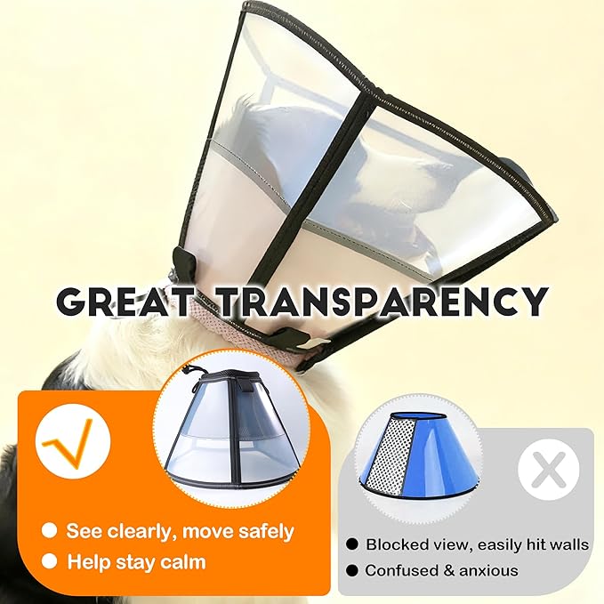 Soft Dog Cone, Stop Licking Deep Pet Recovery Collar After Surgery for Large Medium Dogs, Clear Plastic Breathable Elizabethan Head Neck Circle, Adjustable Comfortable Cones 20cm /8" Long (M Black)