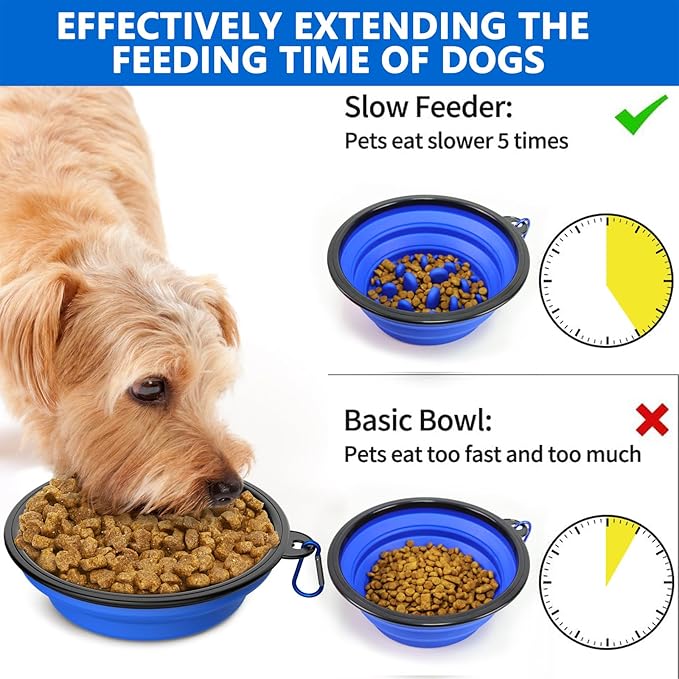 2 Pack [Slow Feeder Design + Regular], Collapsible Dog Bowl Travel Portable Pet Bowls, [34oz,1000ml] Foldable Food Water Feeding Dishes for Traveling Hiking Walking with Carabiners [Blue,Green]