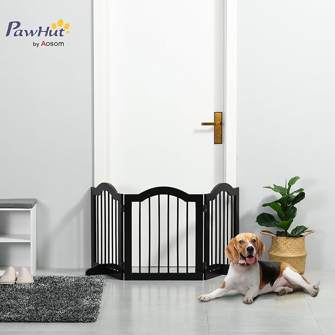 PawHut 24"H Foldable Dog Gate, 3 Panels Freestanding Pet Gate Barriers Indoor with Support Feet, Puppy Fence for Small Dogs, Black