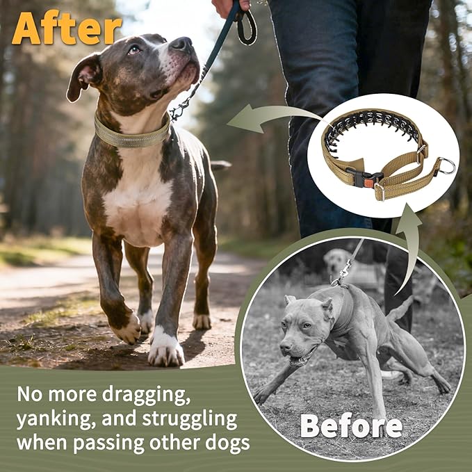 Mayerzon Martingale No Pull Collar for Medium Large Dogs German Shepherd Doberman Pitbull, Patented Anti Pull Correction Dog Collar for Walking Training, Reflective, Adjustable, Hidden(M/L, Khaki)
