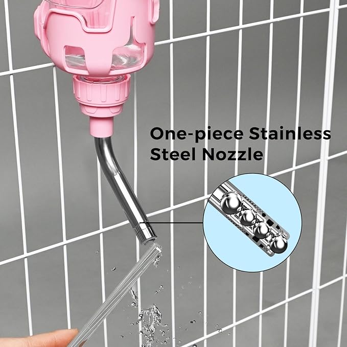Vannon Dog Water Dispenser for Cage, 34oz Auto Feeding Crate Water Bottle for Dogs, Cats & Rabbits, Pet Nozzle Diameter: 12mm, BPA Free, Pink