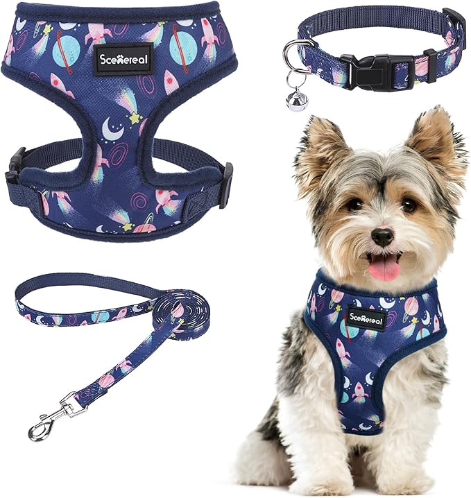 SCENEREAL Small Dog Harness Collar and Leash Set, Adjustable No Pull Pet Harnesses, No Chock Soft Mesh Vest for Doggie Puppy Medium Dogs Cats Girl or Boy,Chihuahua, Yorkie, Outdoor Walking