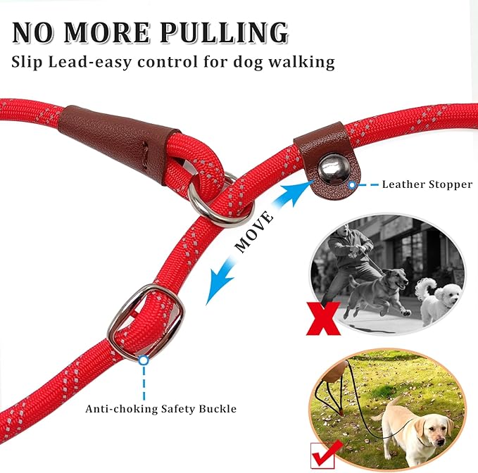 WYUZE 8ft Slip Lead Dog Leash, Reflective No Pull Dog Training Lead, 1/3" Nylon Rope Slip Control Leash for Small Medium Dogs, Red