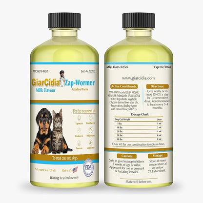 No More Worms in Cats and Dogs- Dewormer for Cats and Dewormer for Dogs - Chicken and Milk Flavours 120 mL / 4 oz Glass Bottle – Includes 3 mL Dropper with Cap (Milk Flavor)