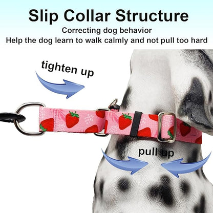 Martingale Collar for Dogs with Pink Strawberry Pattern No Pull Training Nylon Limited Slip Collars for Medium Dogs