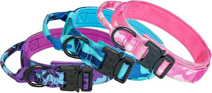Hotsky Tactical Dog Collar, Adjustable Military Training Nylon Airtag Collar with Handle and Heavy Duty Metal Buckle for Medium Large Dogs, with Airtag Holder and Two Patches（Pink Camo,XL）