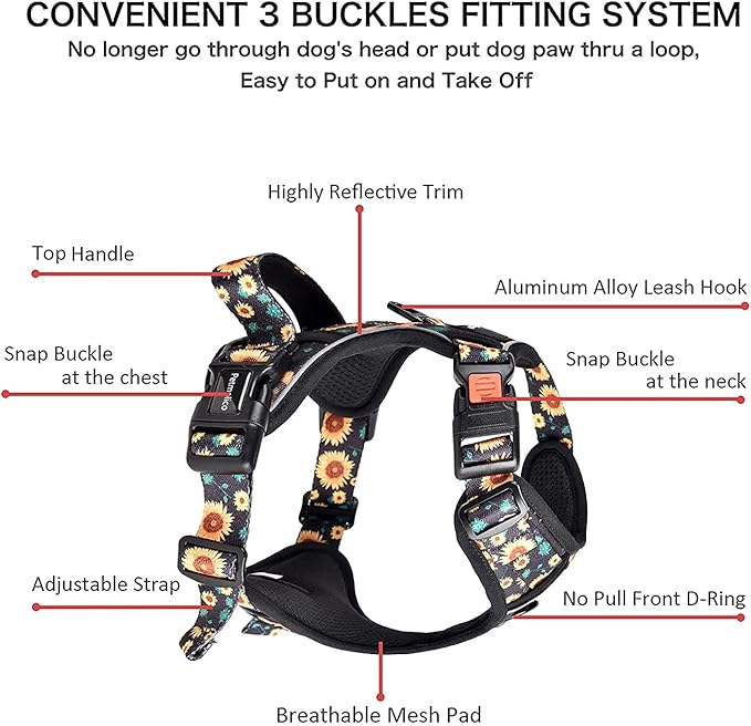 Petmolico No Pull Dog Harness Set with Leash Attachment Easy Control Handle Reflective Harness Vest Small Breed, Puppy Vest and Leash Set with Poop Bag Holder, Medium - Sunflower