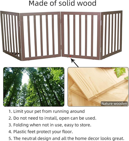 ZJSF Freestanding Indoor Dog Gate for House Foldable Wood Brown Puppy Gate for Doorways Pet Gate for Stairs Extra Wide Pet Fence 24" Height 4 Panels