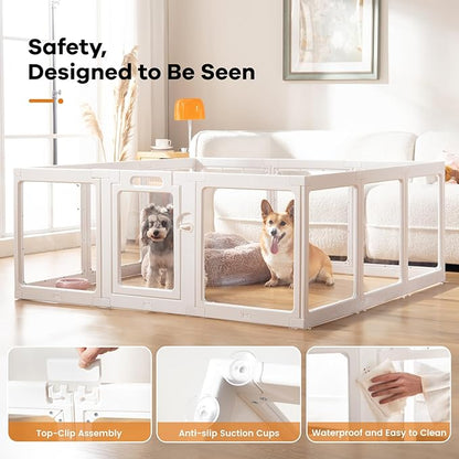 Clear Acrylic Dog Playpen Indoor, Puppy Cat Small Pet Play Pen, Pet Cat Playpen for Rabbits, Dog Fence Crate Kennel Whelping Cage (24", White, 10 Panels)