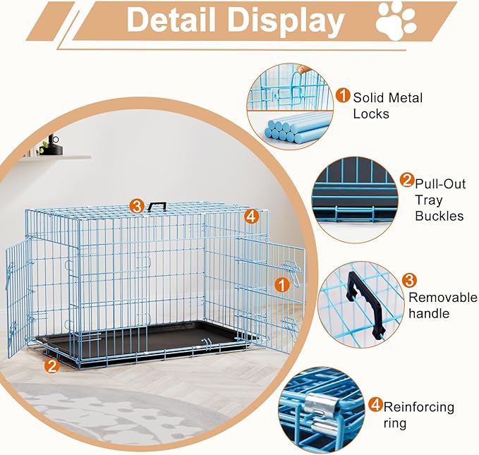 FDW Dog Crate 36inch Dog Cage Foldable Metal Kennel with Leakproof Tray Foldable Design Indoor Outdoor Use for Medium Dogs,Blue