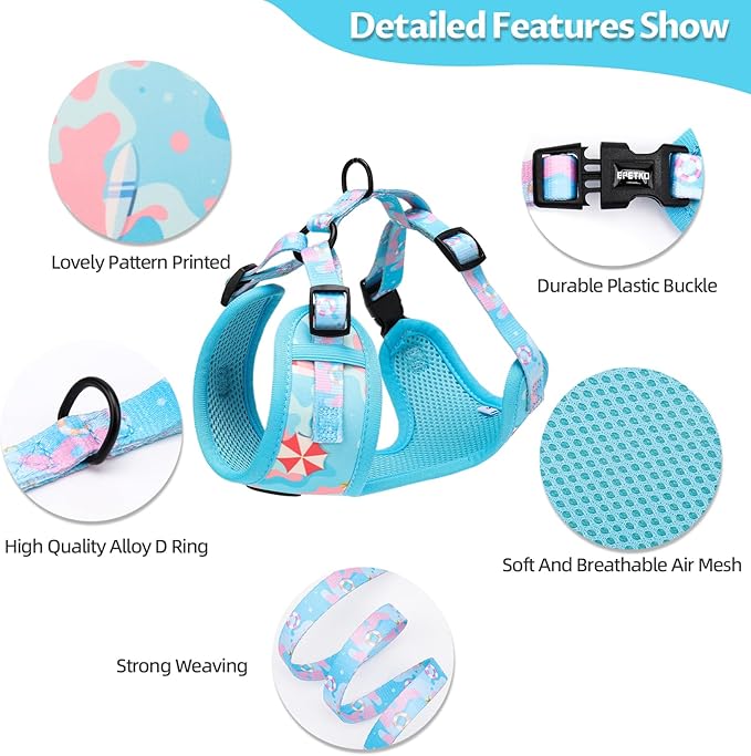Small Dog Harness and Leash Set of 6, No Pull Soft Lightweight Mesh Puppy Harness， Adjustable Cute Floral Pattern Pet Harness for Small Medium Dogs (Blue Sea, L)