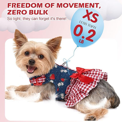 EXPAWLORER Dog Harness Small Medium Sized Dogs, Plaid Dog Dress Bowknot Harness and Leash Set, No Choke No Pull Soft Mesh Vest Cute Princess Puppy Outfits Clothes Costume for Girls Party Cats Navy S