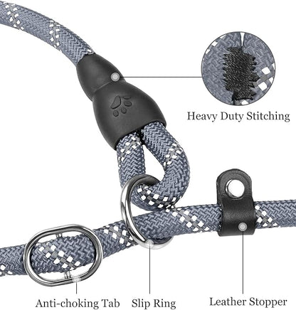 TagME 6ft Slip Dog Lead, No Pull Reflective Training Leash with Padded Handle, Professional Rope P-Leash for Small Medium Large Dogs, Heavy Duty Correction Lead for Walking & Training (Gray)