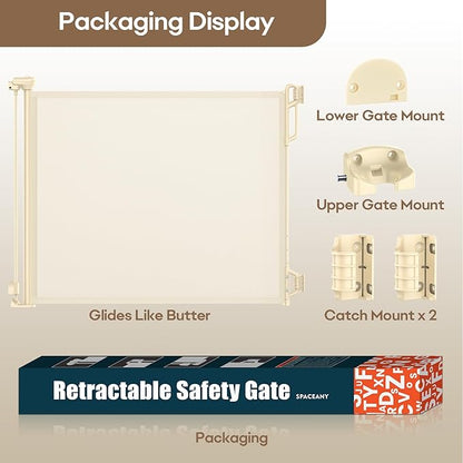 SPACEANY Retractable Safety Baby Gate or Mesh Dog Gate,Durable Portable Mesh Retractable Gate,Easy to Use for Stairs, Doorways, Hallways, Indoor, Outdoor, 33.5" Tall, Up to 55" Wide, Cream