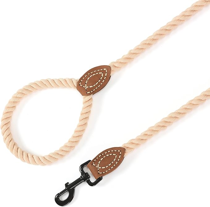 Mile High Life Dog Leash, Braided Cotton Rope Leashes with Leather Tip - Heavy Duty Metal Clasp, 5FT, 1/2" Thick - Wedding, Walking & Training Leash for Small Medium Large Dogs (Light Brown)