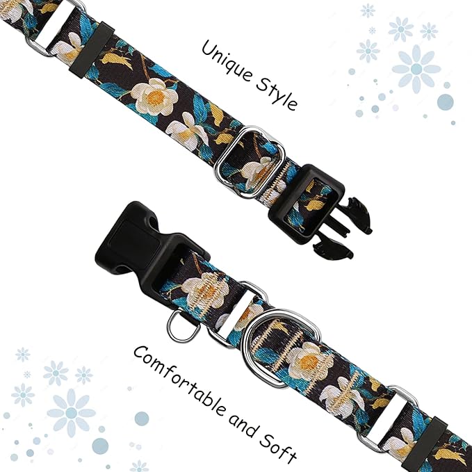Martingale Collar for Dogs Floral Dog Collars for Small Medium Large Dogs with Buckle Adjustable Soft Nylon Dog Collar (Luxury Golden Flowers, Large)
