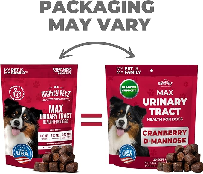 Mighty Petz MAX Cranberry for Dog UTI Treatment - MAX Strength Cranberry Supplement for Dogs + D-Mannose. Bladder Control for Dogs. Urinary Tract Care & Kidney Support Chews