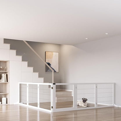 Wooden Dog Gate, 170" Freestanding Pet Gate, 6-Panel Foldable Dog Safety Barrier with 2 Support Feet for House Doorway Stairs, Small and Medium Dogs, White