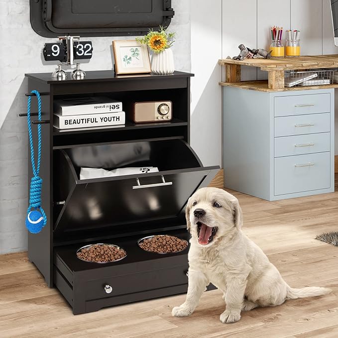 Tangkula Pet Feeder Station, Dog Food Storage Container With Double Pull Out Bowls, Food Toy Organizer Cabinet, Feeding Station Furniture for Dogs Cats Feeding & Watering Supplies (Brown)