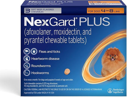 NexGard Plus (afoxolaner, moxidectin, and pyrantel) Flea and Tick Protection & Heartworm Preventive for Dogs Soft Beef Flavored Chewables, 4-8 lbs. (Orange) 3 Chews (3 Month Supply)