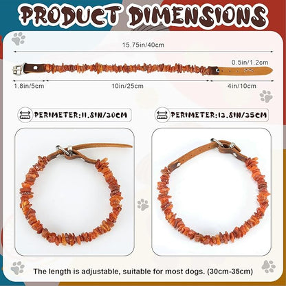 2 Pcs Natural Flea Amber Collar for Dogs with Adjustable Leather Strap 11.8-13.8 inch Flea Collar Handmade Raw Baltic Amber Beads for Pets