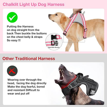 ChalkLit Light Up Dog Harness, No Pull Led Dog Harness Glow-in-The-Dark for Night Walking, USB Rechargeable Lighted Safety Vest for Small Dogs, Adjustable Soft Mesh Fully Illuminated (Pink, Small)