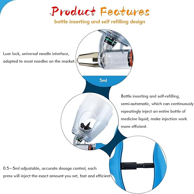 Livestock Continuous Syringes, Adjustable Veterinary Injection Gun with Bottle Insertion, Precision Injector for Poultry(B,2ML)