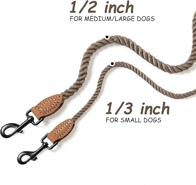 Mile High Life Dog Leash, Braided Cotton Rope Leashes with Leather Tip - Heavy Duty Metal Clasp, 5FT, 1/3" Thick - Wedding, Walking Leash for Small Medium Dogs(Camel)