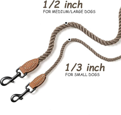 Mile High Life Dog Leash, Braided Cotton Rope Leashes with Leather Tip - Heavy Duty Metal Clasp, 5FT, 1/3" Thick - Wedding, Walking Leash for Small Medium Dogs(Camel)