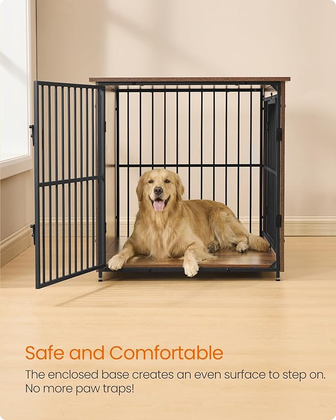 Feandrea Wooden Dog Crate Furniture, 48 Inches Heavy-Duty Kennel for Dogs up to 110 lb, with Double Doors and Enclosed Wood Base, Modern Pet Cage End Table Indoor, Rustic Brown